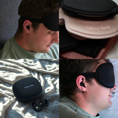 Collage of a person wearing a sleep mask, the mask itself, and its carrying case.